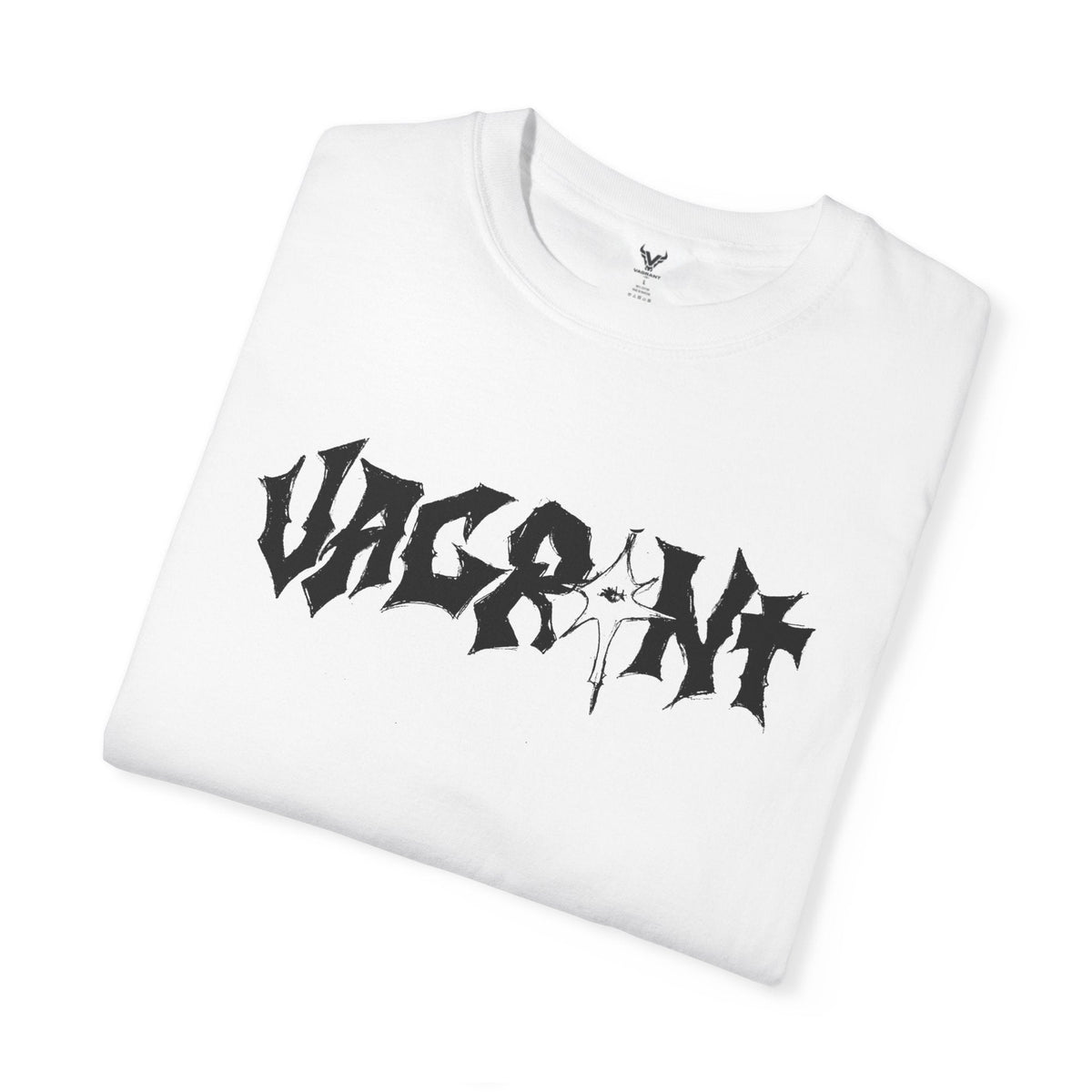 Folded White Eyes Don't Lie T-shirt by VAGRANT IV, showing the jagged black chest wordmark and ribbed crewneck.