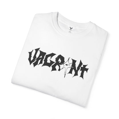 Folded White Eyes Don't Lie T-shirt by VAGRANT IV, showing the jagged black chest wordmark and ribbed crewneck.