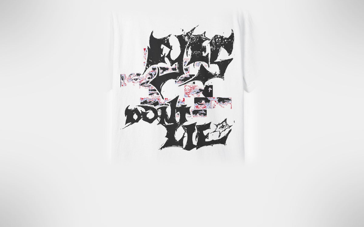 Eyes Don't Lie back print close-up: distressed lettering and strips of eyes on white