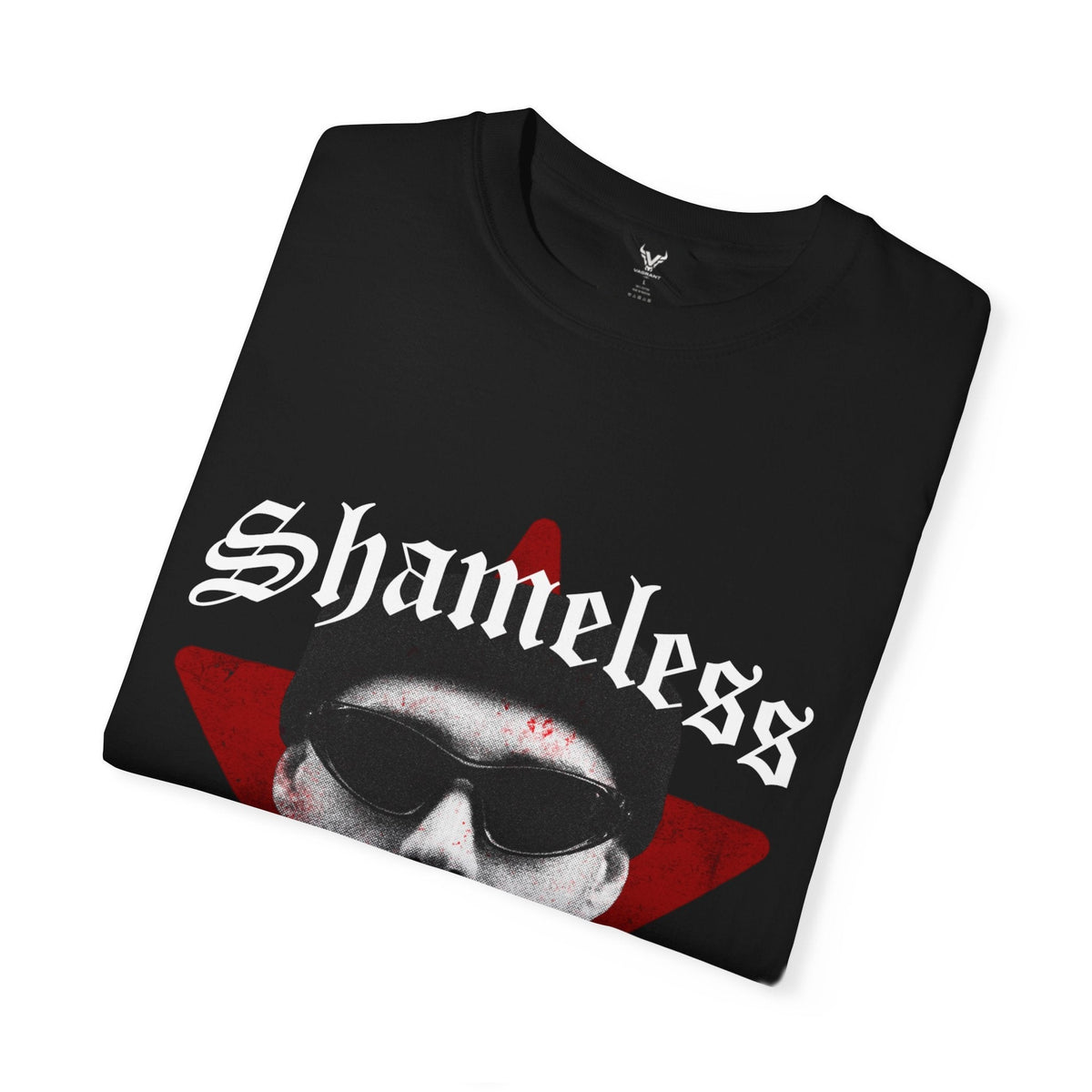 Folded Black Shameless T-shirt by VAGRANT IV, showing the portrait print, red star, lettering and ribbed crewneck.