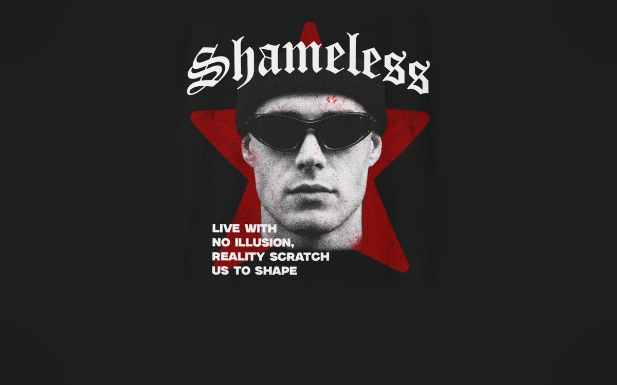 Close-up of the Shameless front print by VAGRANT IV: sunglasses portrait over a red star with Shameless lettering
