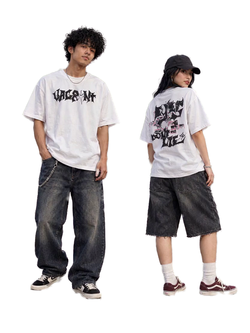 Two full-body models wearing white VAGRANT IV Eyes Don't Lie T-shirts, showing the front chest wordmark and back eye-collage graphic.