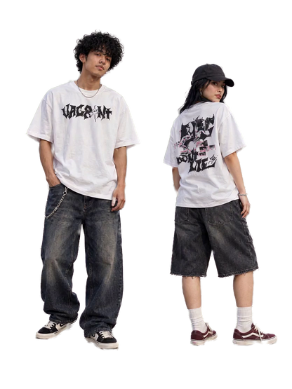 Two full-body models wearing white VAGRANT IV Eyes Don't Lie T-shirts, showing the front chest wordmark and back eye-collage graphic.