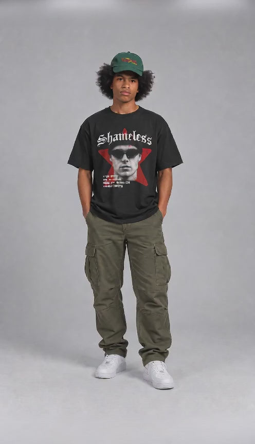 Full-outfit 360-degree view of the black Shameless T-shirt with front graphic and plain back